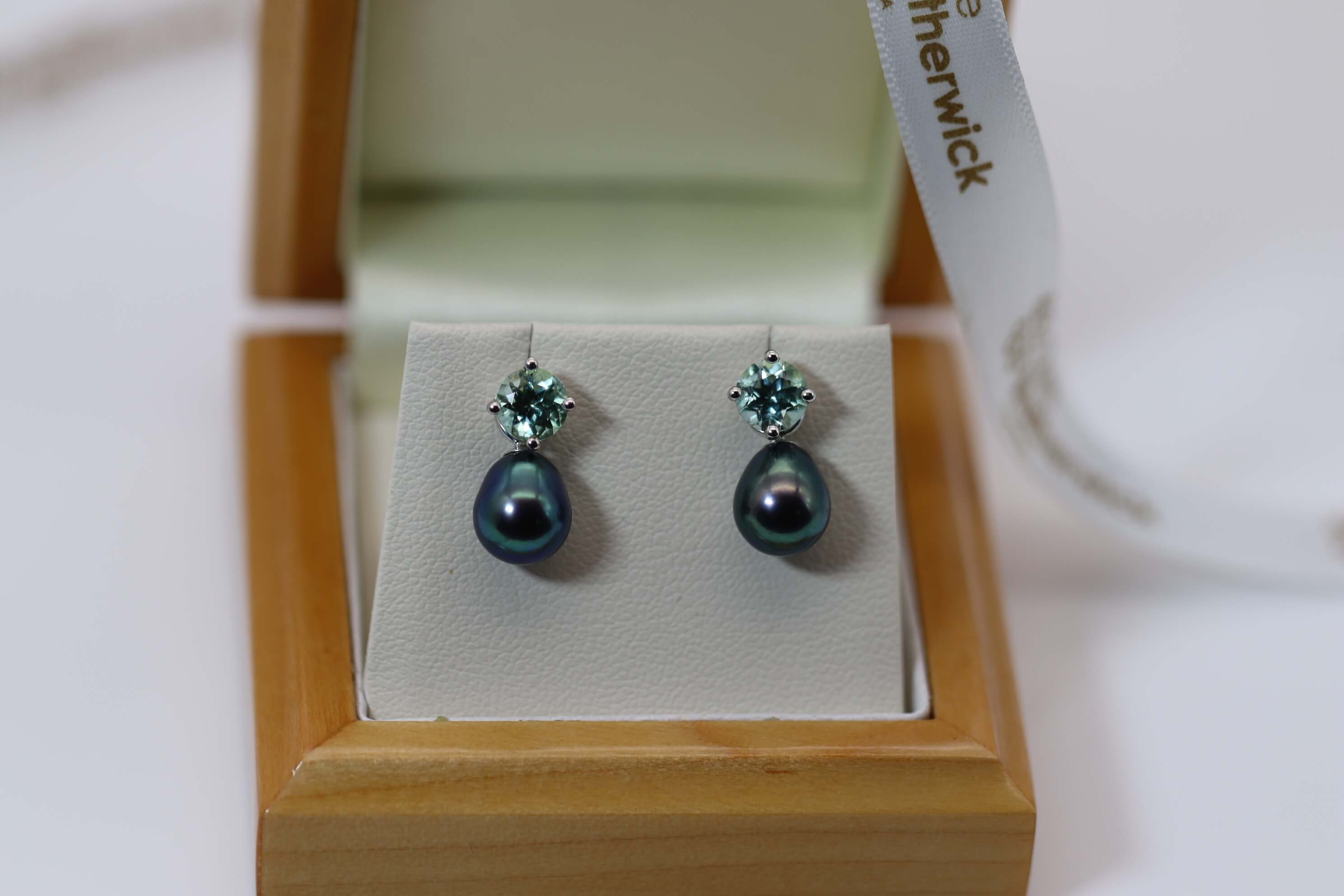 SOLD - HARMONY COLLECTION - A Pair of Mint Tourmaline Earstuds with Detachable Freshwater Cultured Pearl Drops