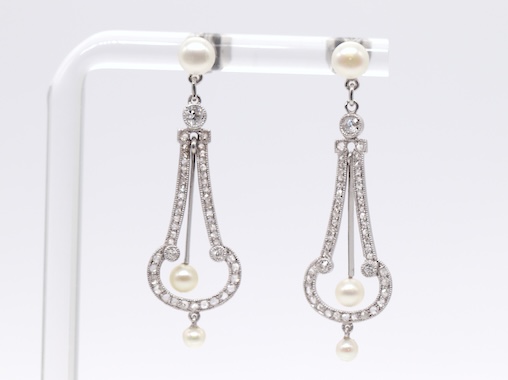 A Pair of Antique Early 20th Century Natural Pearl and Diamond Drop Pendant Earrings